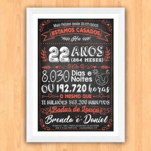 Quadro Poster Chalkboard Bodas Louça 22 Anos A3 30x42cm