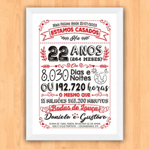 Quadro Poster Chalkboard Bodas Louça 22 Anos A3 30x42cm