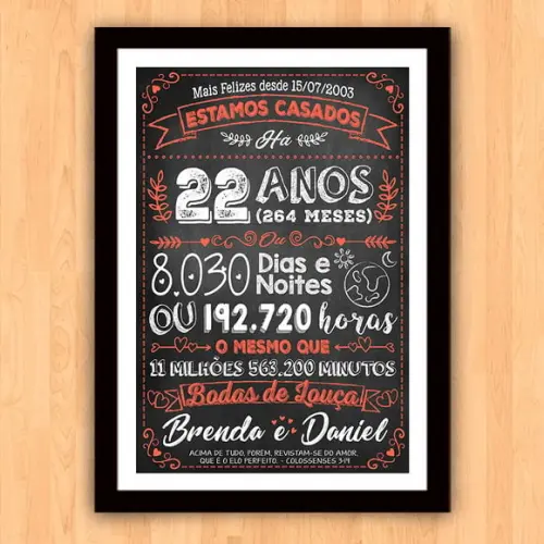Quadro Poster Chalkboard Bodas Louça 22 Anos A3 30x42cm