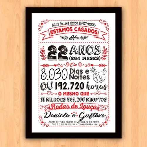 Quadro Poster Chalkboard Bodas Louça 22 Anos A3 30x42cm