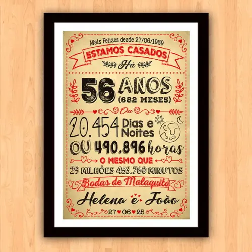 Quadro Poster Chalkboard Bodas Malaquita 56 Anos 30x42cm