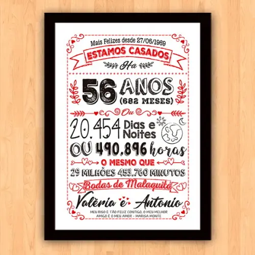 Quadro Poster Chalkboard Bodas Malaquita 56 Anos 30x42cm