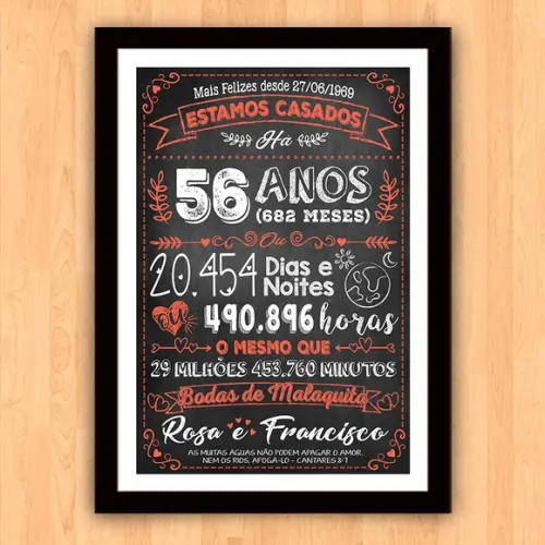 Quadro Poster Chalkboard Bodas Malaquita 56 Anos 30x42cm