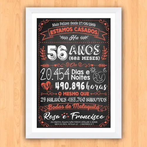 Quadro Poster Chalkboard Bodas Malaquita 56 Anos 30x42cm