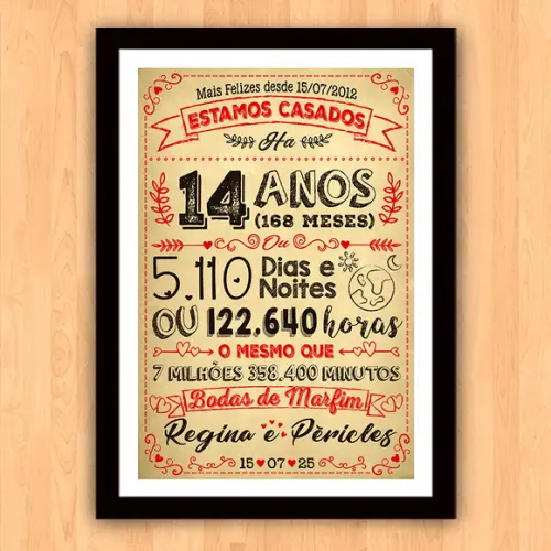 Quadro Poster Chalkboard Bodas Marfim 14 Anos A3 30x42cm
