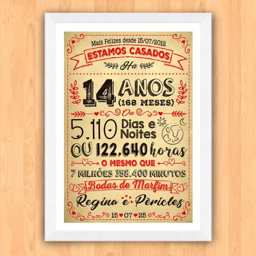 Quadro Poster Chalkboard Bodas Marfim 14 Anos A3 30x42cm