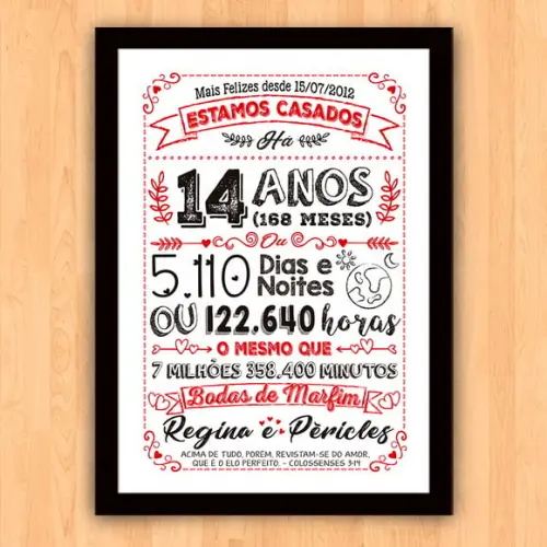 Quadro Poster Chalkboard Bodas Marfim 14 Anos A3 30x42cm