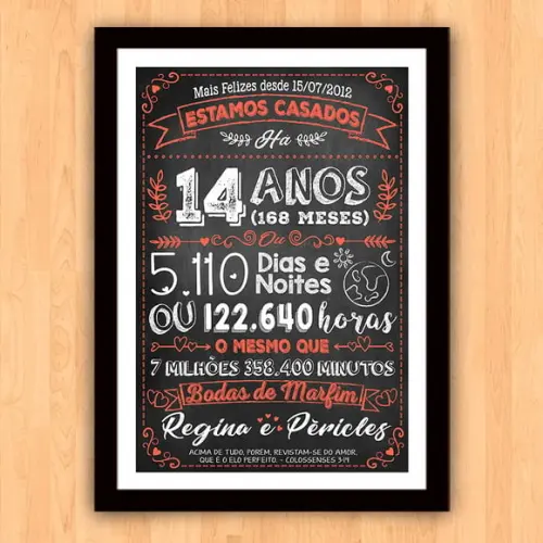 Quadro Poster Chalkboard Bodas Marfim 14 Anos A3 30x42cm