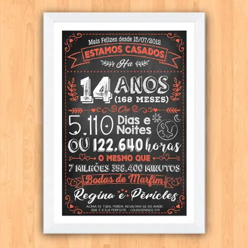 Quadro Poster Chalkboard Bodas Marfim 14 Anos A3 30x42cm