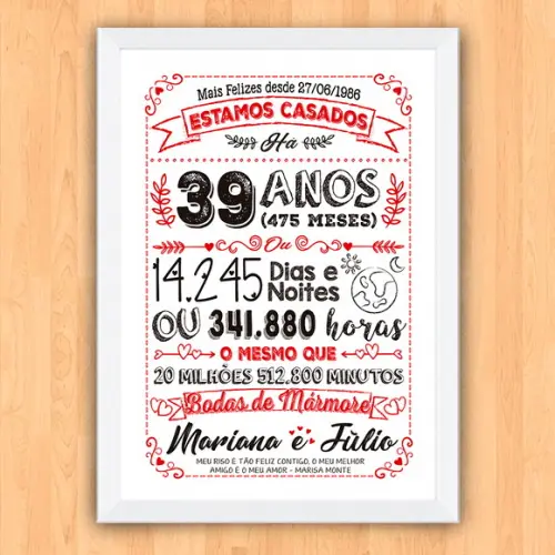 Quadro Poster Chalkboard Bodas Mármore 39 Anos A3 30x42cm