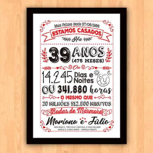 Quadro Poster Chalkboard Bodas Mármore 39 Anos A3 30x42cm