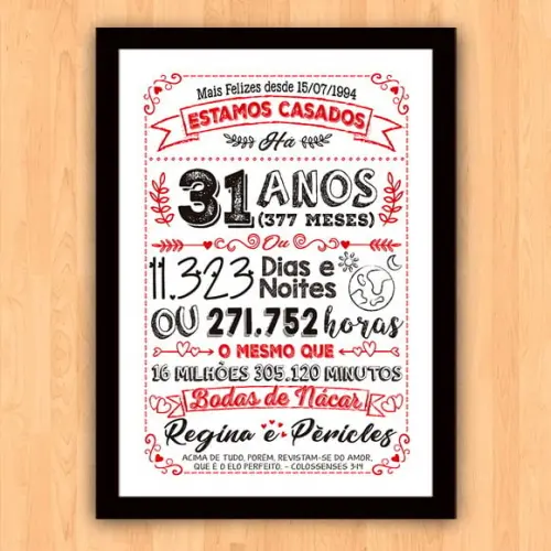 Quadro Poster Chalkboard Bodas Nácar 31 Anos A3 30x42cm