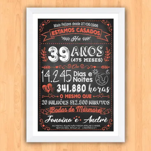 Quadro Poster Chalkboard Bodas Mármore 39 Anos A3 30x42cm