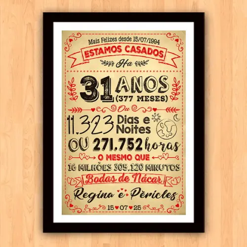 Quadro Poster Chalkboard Bodas Nácar 31 Anos A3 30x42cm