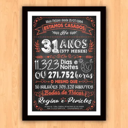 Quadro Poster Chalkboard Bodas Nácar 31 Anos A3 30x42cm