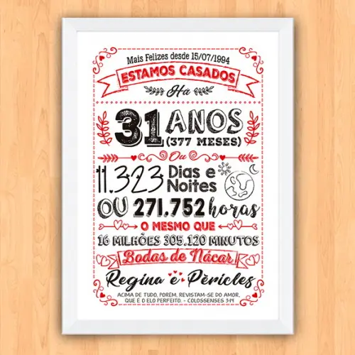 Quadro Poster Chalkboard Bodas Nácar 31 Anos A3 30x42cm
