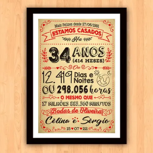 Quadro Poster Chalkboard Bodas Oliveira 34 Anos A3 30x42cm