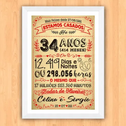 Quadro Poster Chalkboard Bodas Oliveira 34 Anos A3 30x42cm