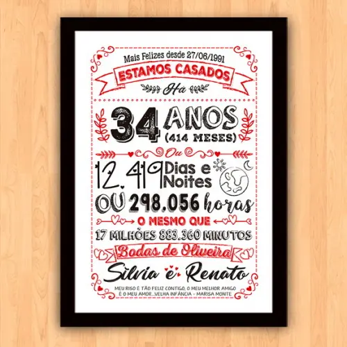 Quadro Poster Chalkboard Bodas Oliveira 34 Anos A3 30x42cm