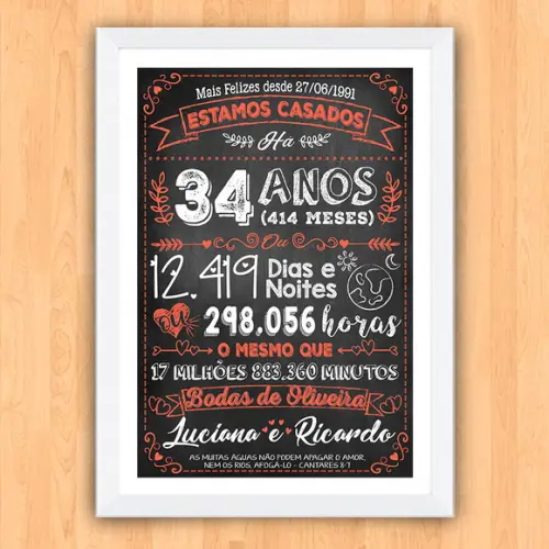 Quadro Poster Chalkboard Bodas Oliveira 34 Anos A3 30x42cm