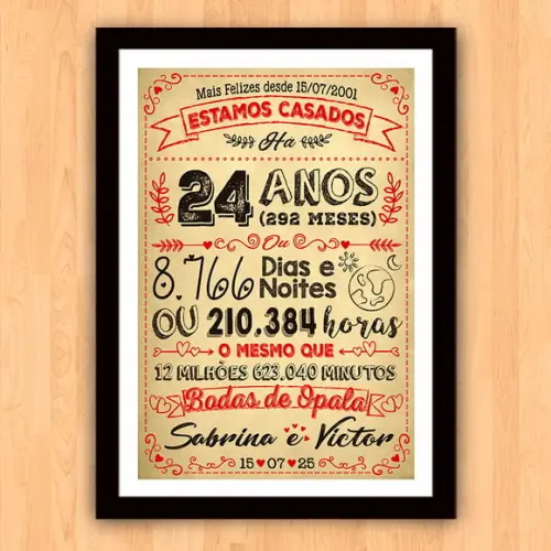 Quadro Poster Chalkboard Bodas Opala 24 Anos A3 30x42cm