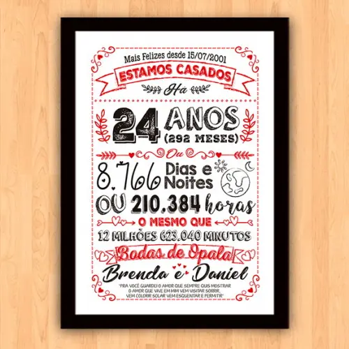 Quadro Poster Chalkboard Bodas Opala 24 Anos A3 30x42cm