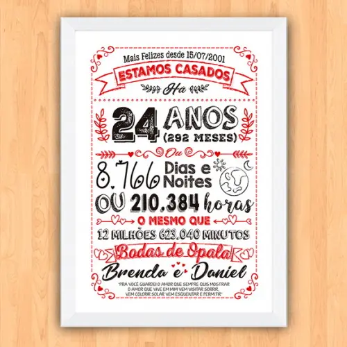 Quadro Poster Chalkboard Bodas Opala 24 Anos A3 30x42cm