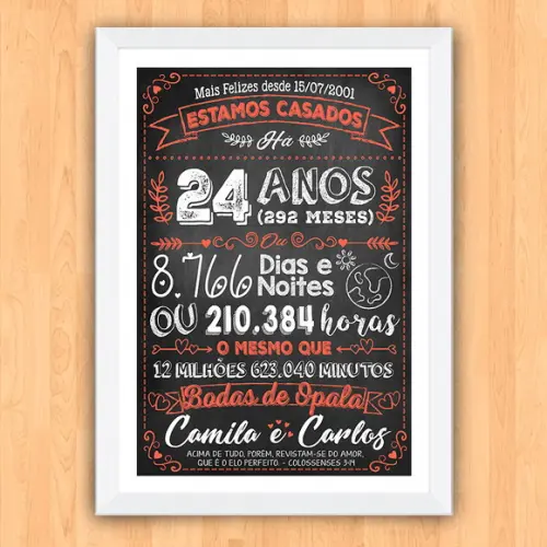 Quadro Poster Chalkboard Bodas Opala 24 Anos A3 30x42cm