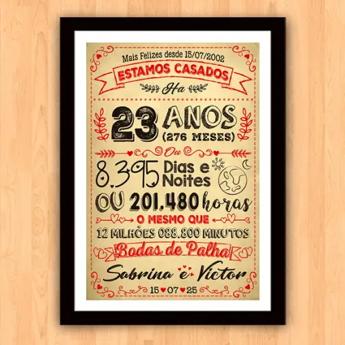 Quadro Poster Chalkboard Bodas Palha 23 Anos A3 30x42cm