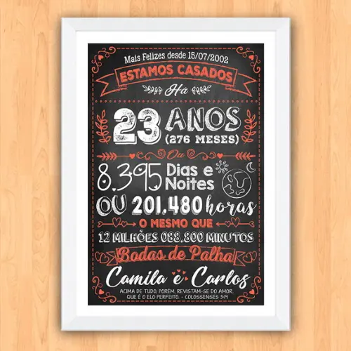 Quadro Poster Chalkboard Bodas Palha 23 Anos A3 30x42cm