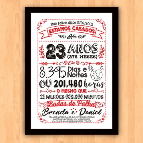 Quadro Poster Chalkboard Bodas Palha 23 Anos A3 30x42cm