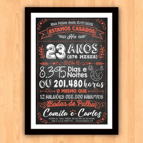 Quadro Poster Chalkboard Bodas Palha 23 Anos A3 30x42cm