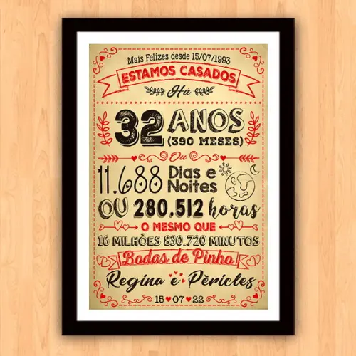 Quadro Poster Chalkboard Bodas Pinho 32 Anos A3 30x42cm