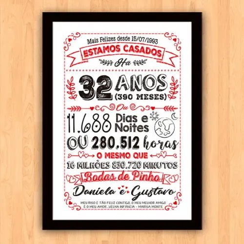 Quadro Poster Chalkboard Bodas Pinho 32 Anos A3 30x42cm