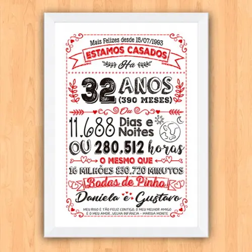 Quadro Poster Chalkboard Bodas Pinho 32 Anos A3 30x42cm