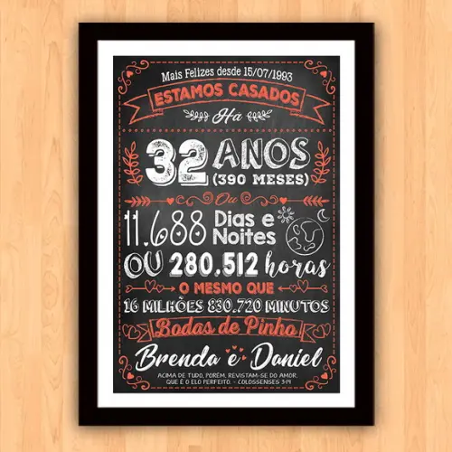 Quadro Poster Chalkboard Bodas Pinho 32 Anos A3 30x42cm