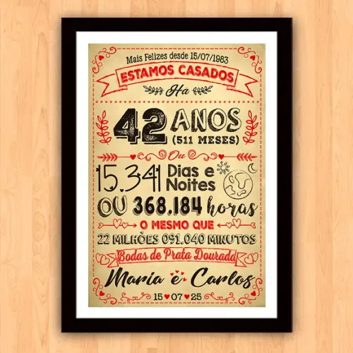 Quadro Poster Chalkboard Bodas Prata Dourada 42 Anos 30x42cm