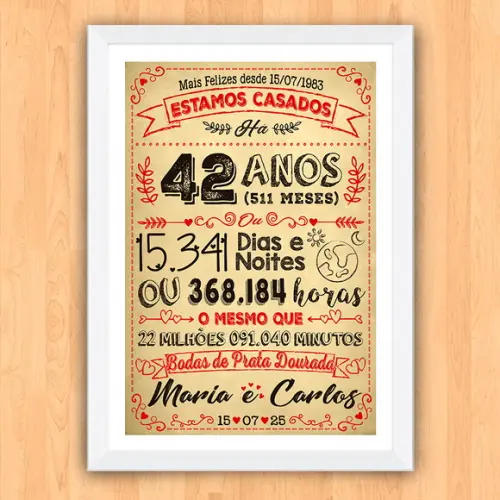 Quadro Poster Chalkboard Bodas Prata Dourada 42 Anos 30x42cm
