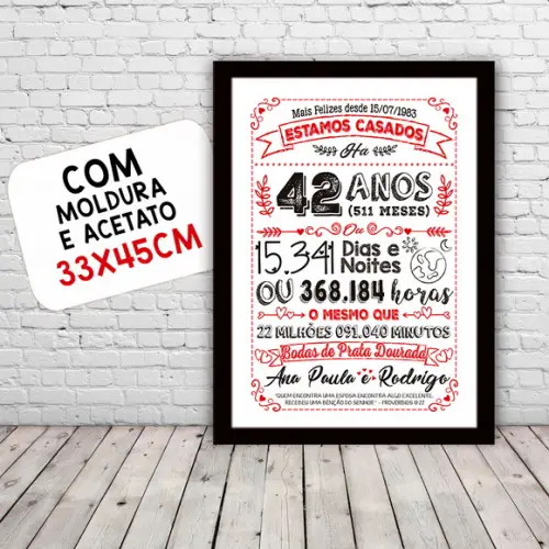 Quadro Poster Chalkboard Bodas Prata Dourada 42 Anos 30x42cm