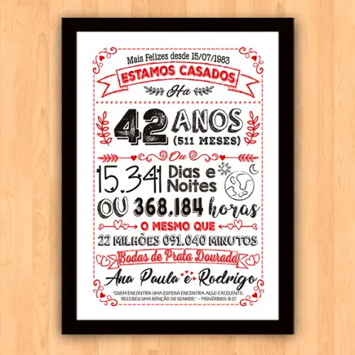Quadro Poster Chalkboard Bodas Prata Dourada 42 Anos 30x42cm