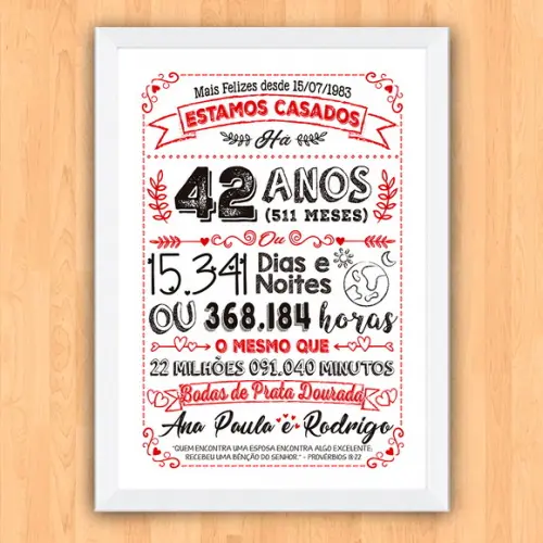 Quadro Poster Chalkboard Bodas Prata Dourada 42 Anos 30x42cm