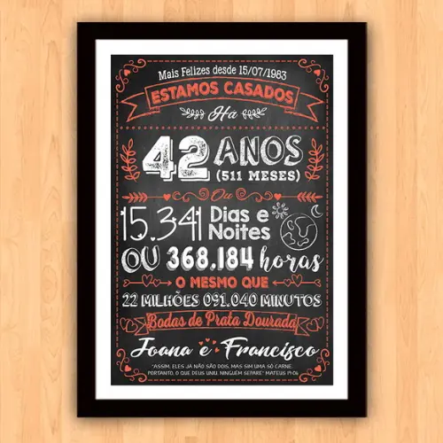 Quadro Poster Chalkboard Bodas Prata Dourada 42 Anos 30x42cm