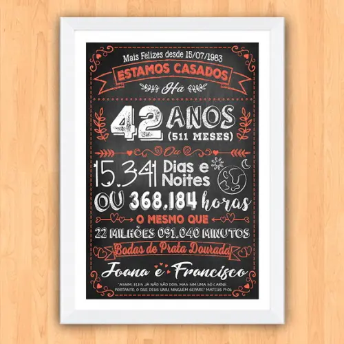 Quadro Poster Chalkboard Bodas Prata Dourada 42 Anos 30x42cm