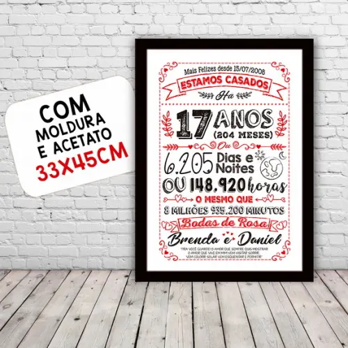 Quadro Poster Chalkboard Bodas Rosa 17 Anos A3 30x42cm