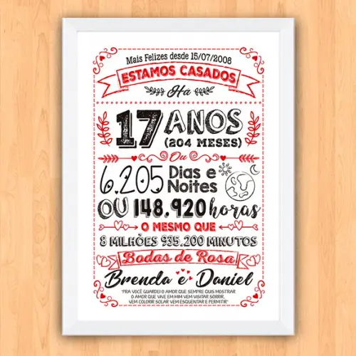 Quadro Poster Chalkboard Bodas Rosa 17 Anos A3 30x42cm