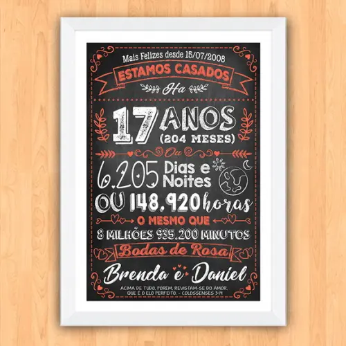 Quadro Poster Chalkboard Bodas Rosa 17 Anos A3 30x42cm