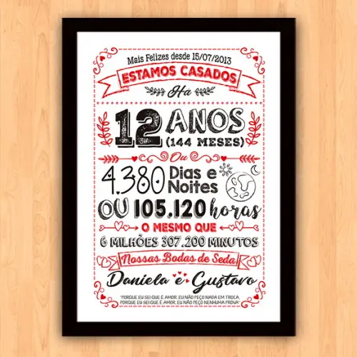 Quadro Poster Chalkboard Bodas Seda 12 Anos A3 30x42cm