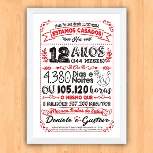 Quadro Poster Chalkboard Bodas Seda 12 Anos A3 30x42cm