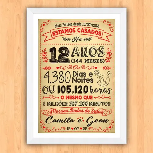 Quadro Poster Chalkboard Bodas Seda 12 Anos A3 30x42cm