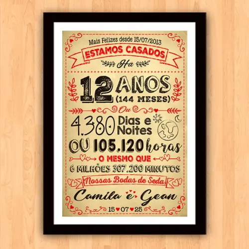 Quadro Poster Chalkboard Bodas Seda 12 Anos A3 30x42cm